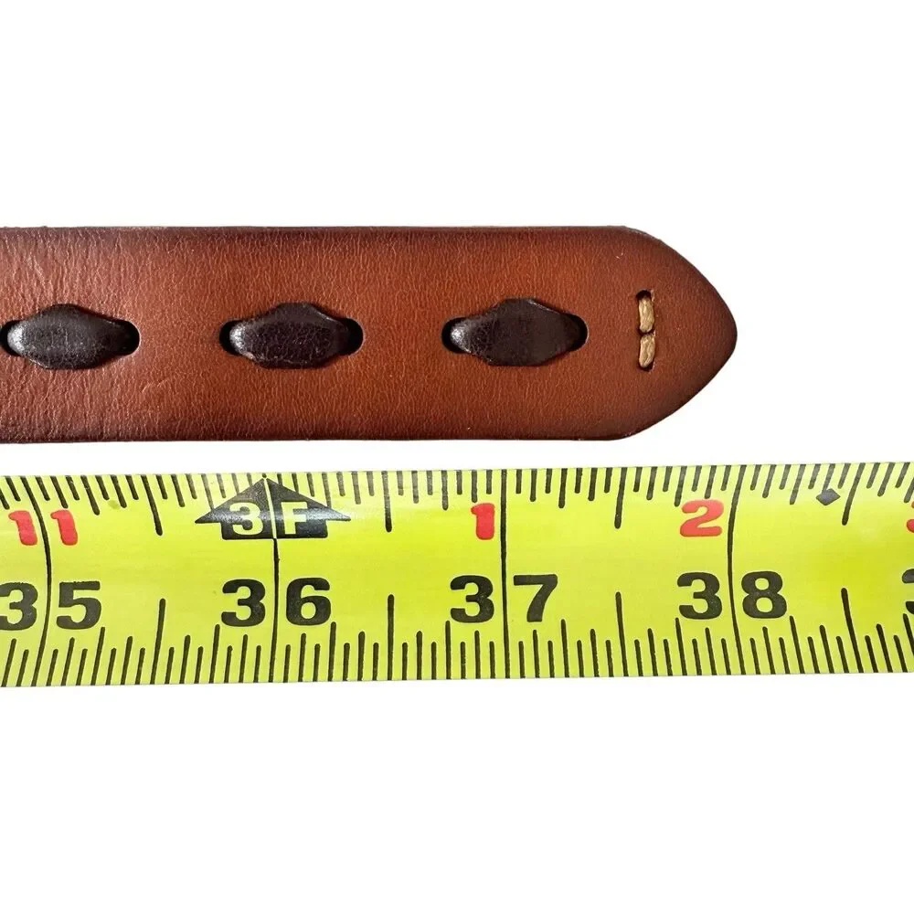 Frye Cognac Leather Belt Silver Buckle Womens Small Woven Detail Style 34DC053